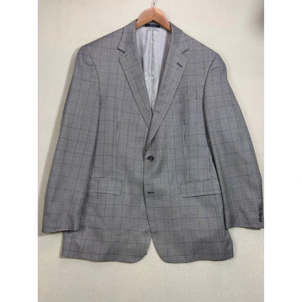 Hart Schaffner Marx‎ Mens 44L Houndstooth Blazer Sport Coat Blue Overcheck USA